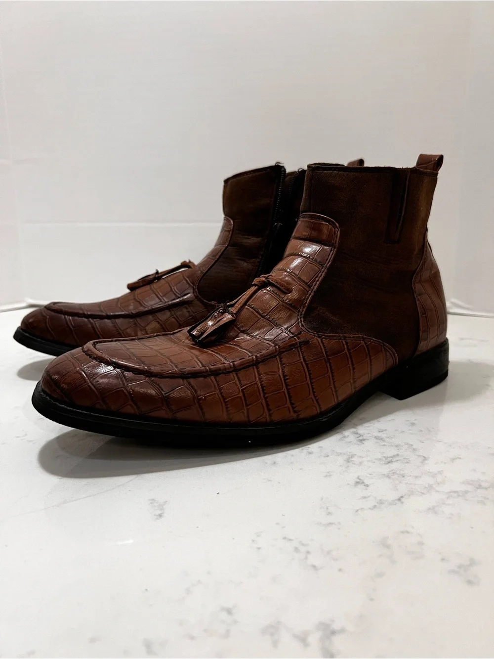 Men's Brown Croc-Embossed Tassel Chelsea Boots